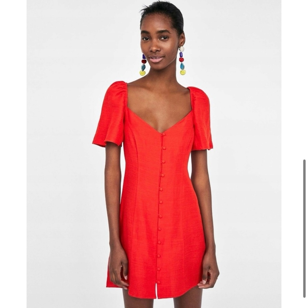 Zara Red Linen Blend Button Front Puff Sleeve Off Shoulder Mini Dress - L